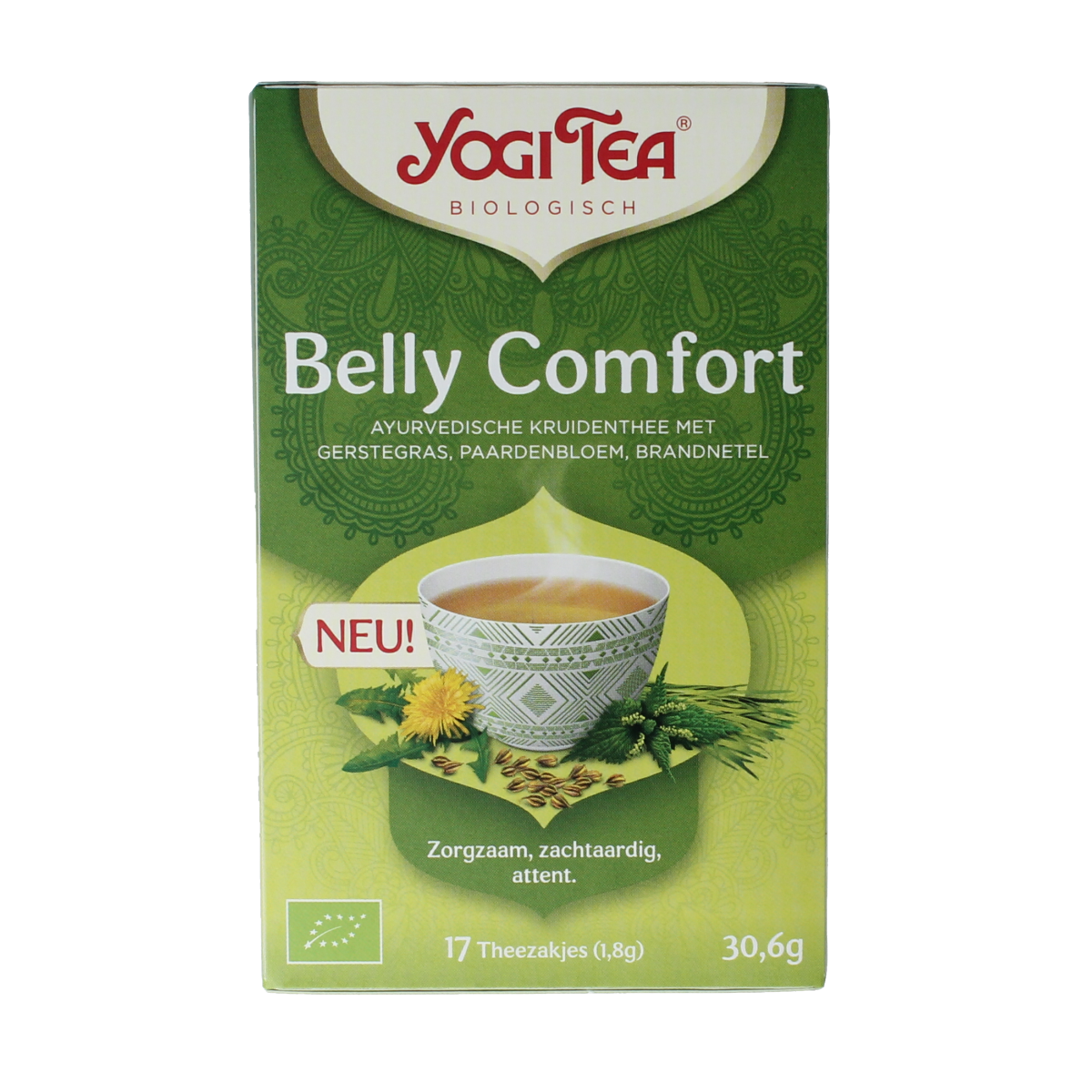 Yogi Tea Belly Comfort bio tea bags in a box, featuring herbal infusion for digestive support, with 17 tea sachets inside.