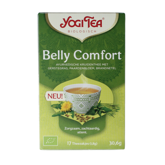Yogi Tea Belly Comfort bio tea bags in a box, featuring herbal infusion for digestive support, with 17 tea sachets inside.