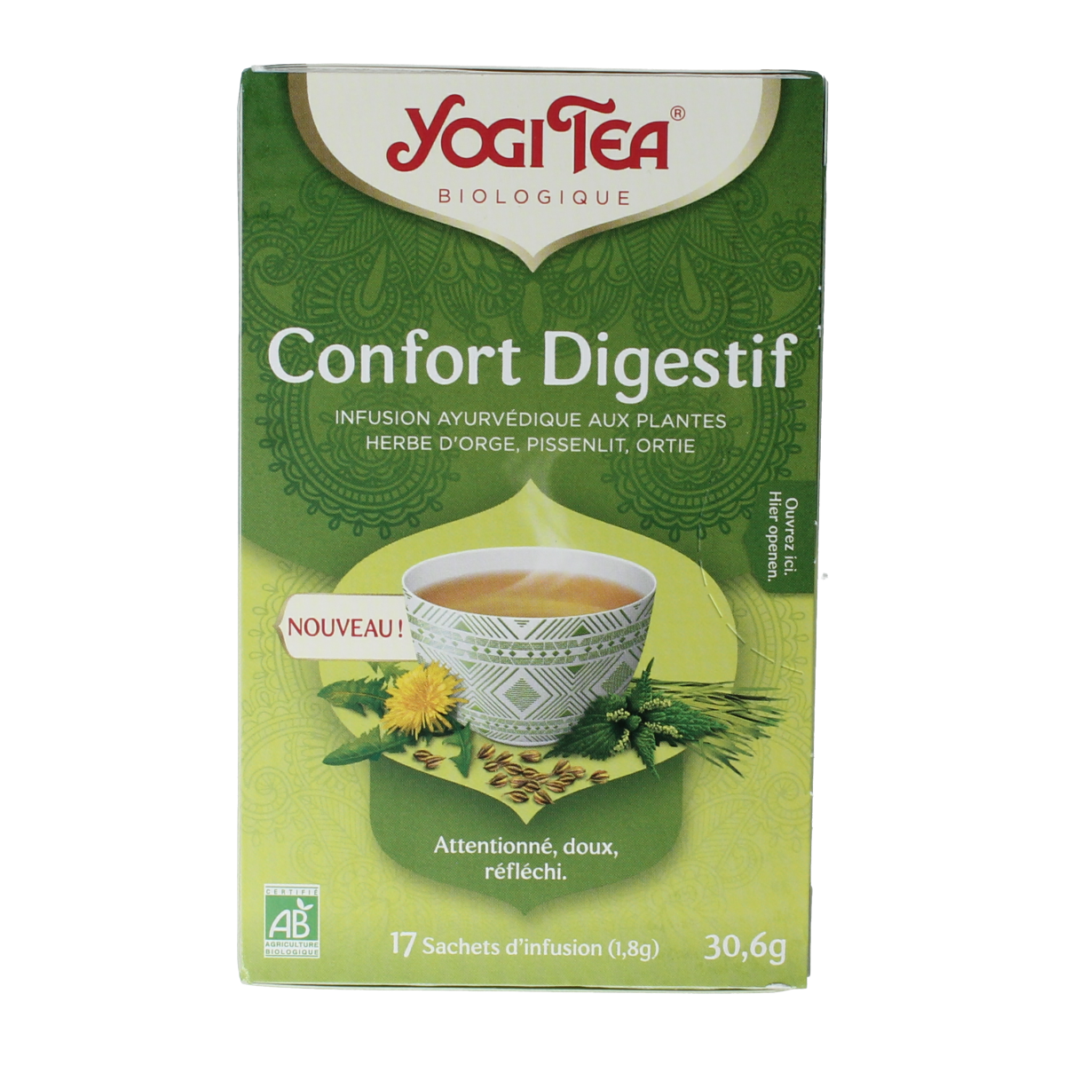 Yogi Tea Belly Comfort bio tea in 17 tea bags, featuring herbal blend for digestive support, shown in packaging.