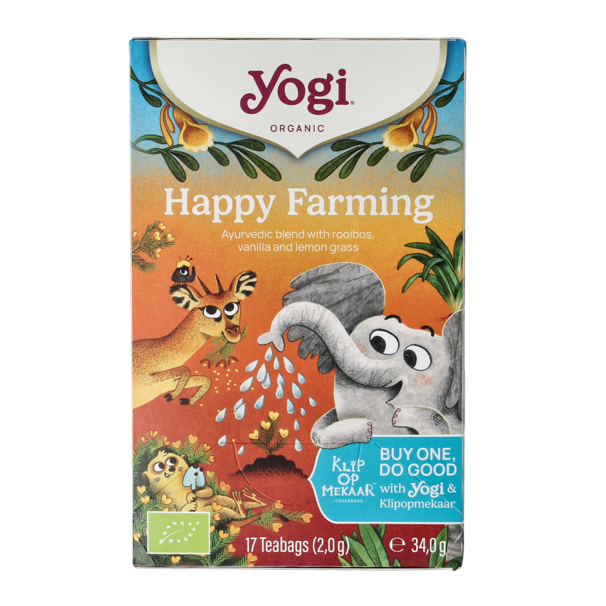 Yogi Tea Happy Farming bio tea box with 17 organic tea bags, featuring a colorful label and natural ingredients on the packaging.