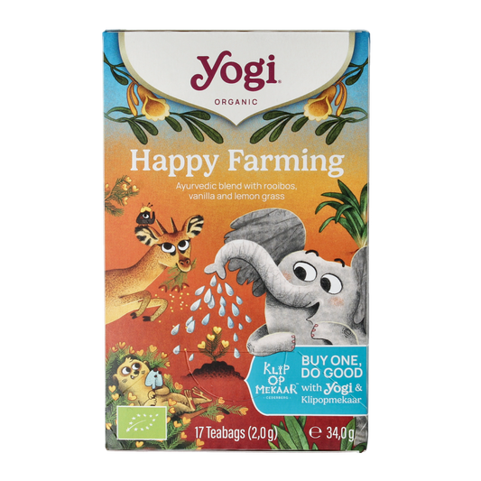 Yogi Tea Happy Farming bio tea box with 17 organic tea bags, featuring a colorful label and natural ingredients on the packaging.