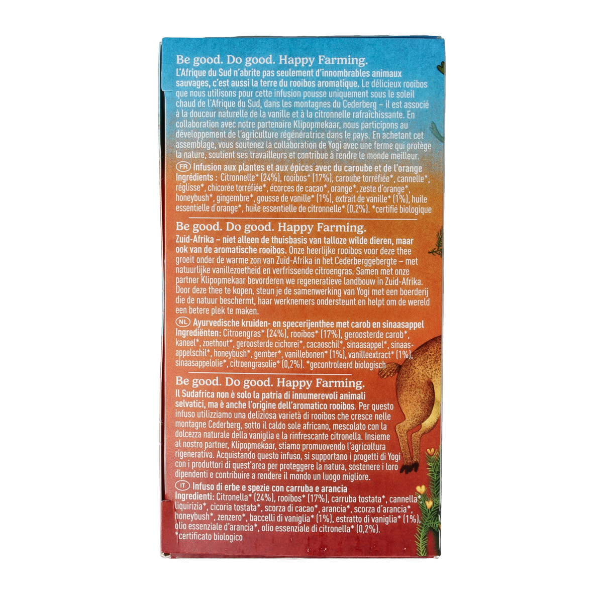 Yogi Tea Happy Farming organic tea box with 17 tea bags, featuring natural packaging and herbal tea ingredients.