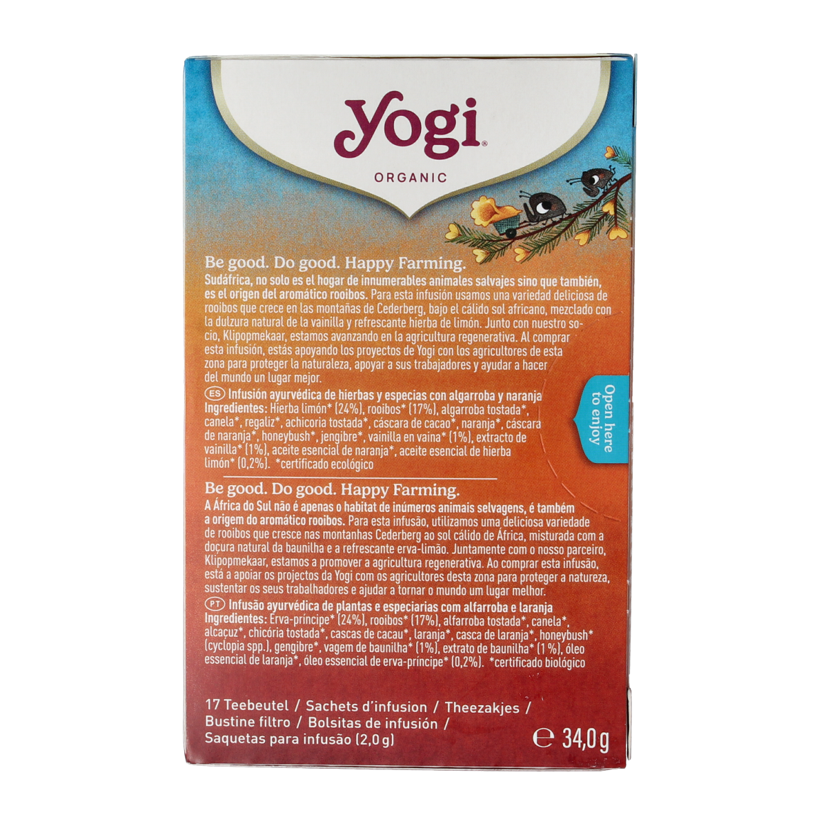 Yogi Tea Happy Farming organic tea bags, 17-count box, featuring herbal blend with natural ingredients in a colorful package.