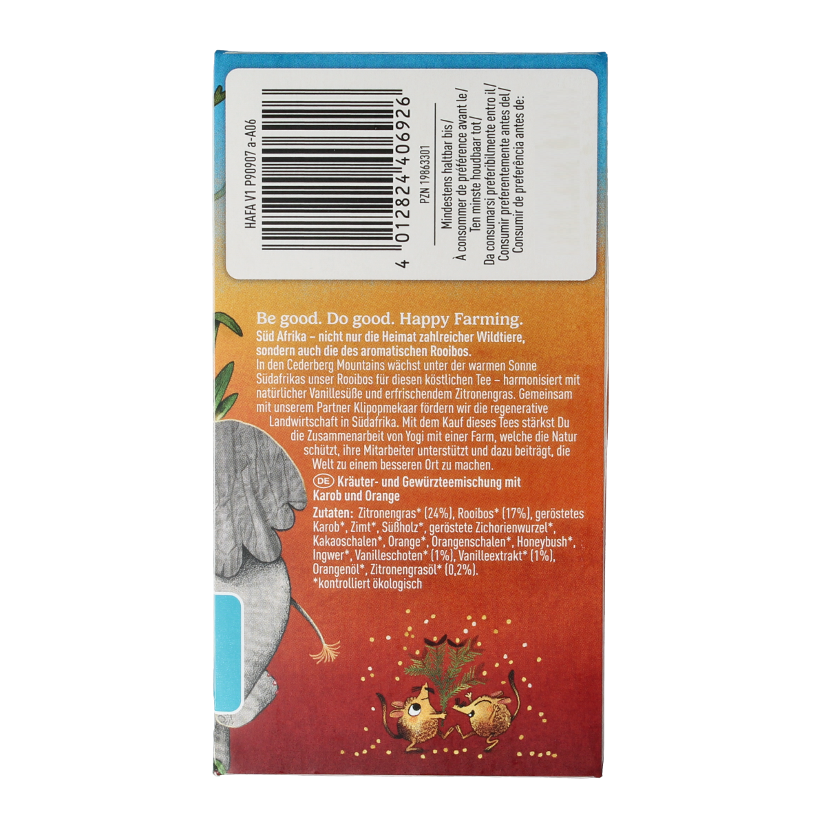 Yogi Tea Happy Farming bio herbal tea box with 17 tea bags, featuring colorful packaging and natural ingredients.