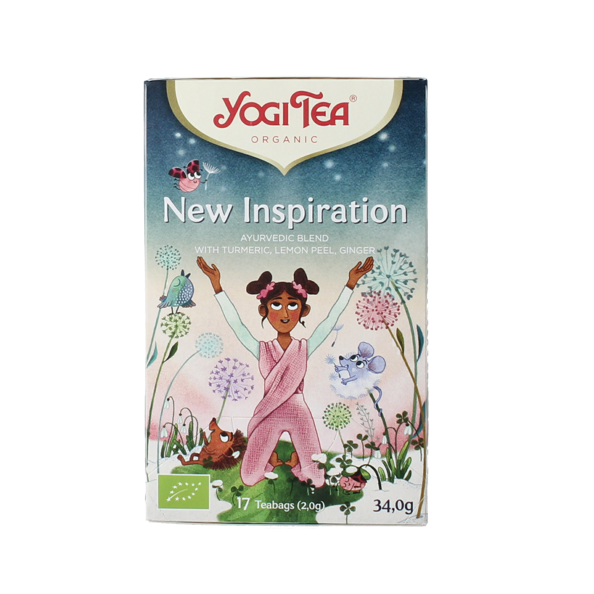 Yogi Tea New Inspiration bio with 17 tea bags, herbal tea blend in a colorful box, natural and organic tea product.