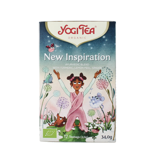 Yogi Tea New Inspiration bio with 17 tea bags, herbal tea blend in a colorful box, natural and organic tea product.