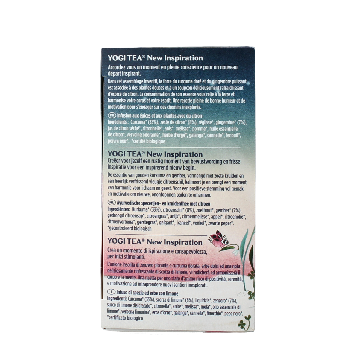 Yogi Tea New Inspiration organic tea box containing 17 tea bags, featuring herbal and spice blend for a calming beverage.