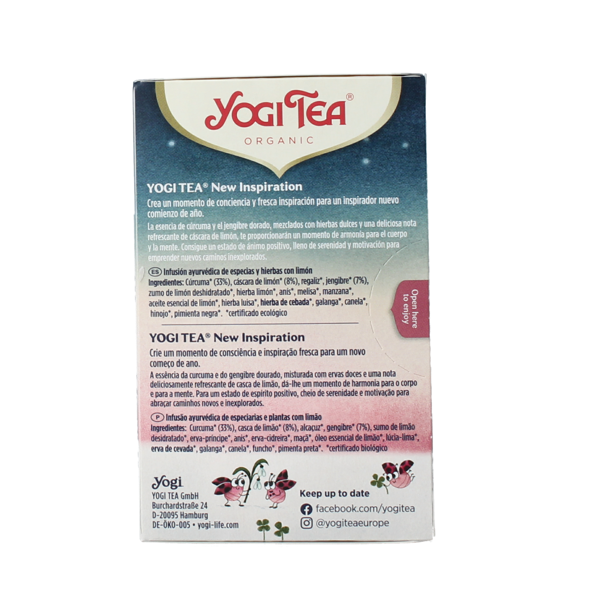 Yogi Tea New Inspiration organic tea bags, 17-count, featuring a colorful box with tea leaves and herbal ingredients.