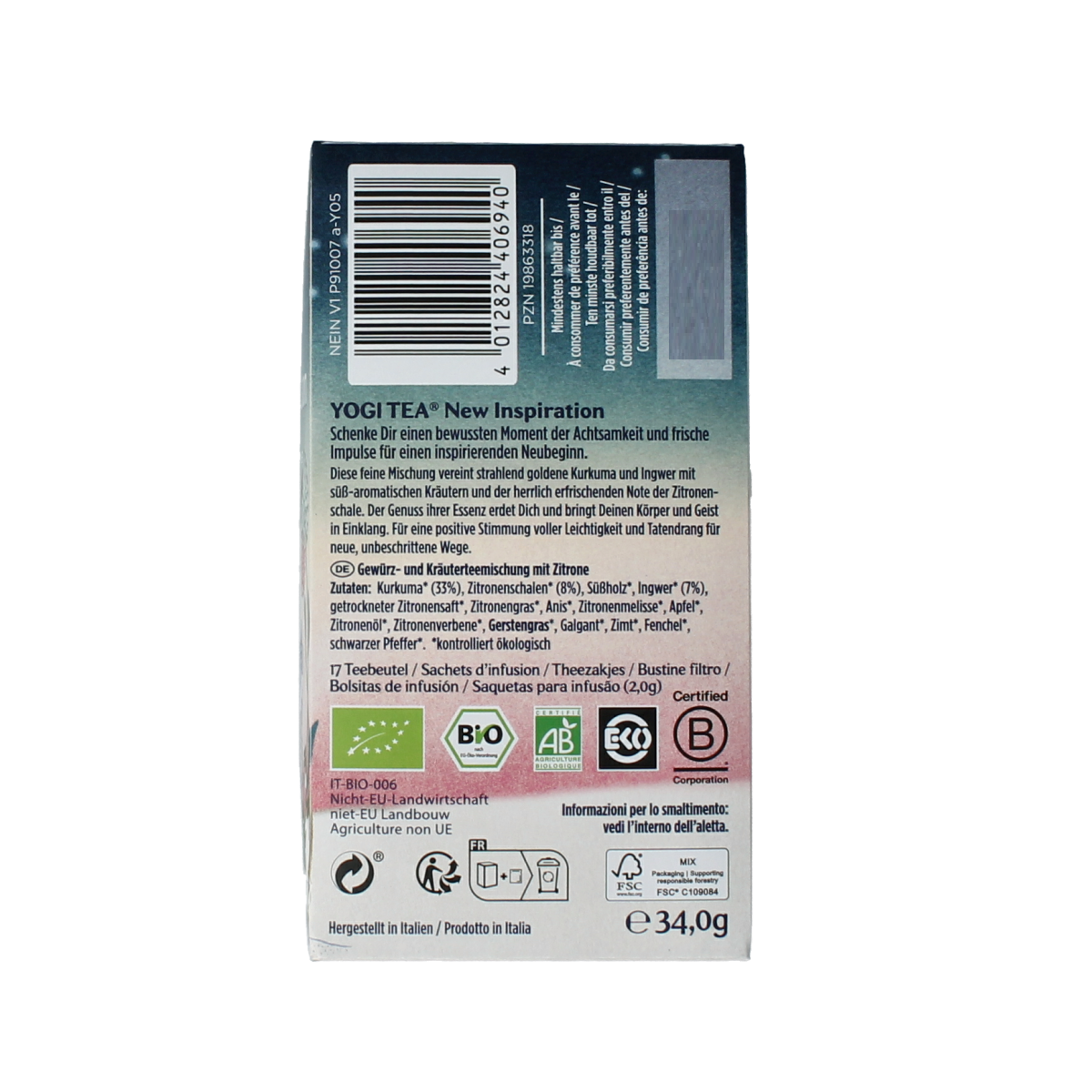 Yogi Tea New Inspiration bio box with 17 tea bags, showcasing herbal tea packaging with natural ingredients and branding.