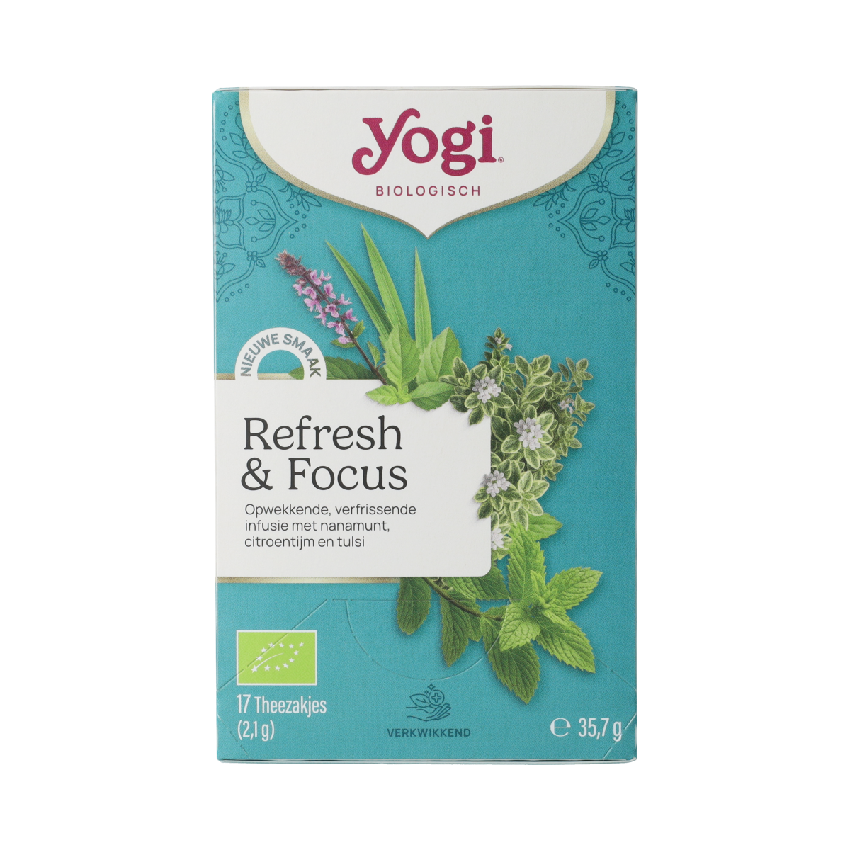 Yogi Tea Refresh & Focus bio tea box with 17 tea bags, featuring herbal blend for energy and mental clarity.