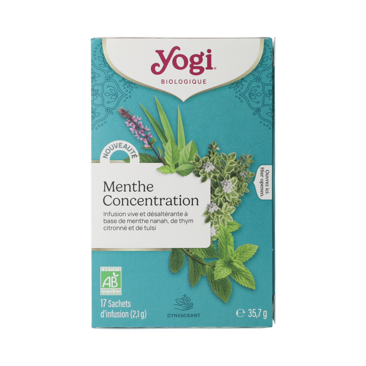 Yogi Tea Refresh & Focus bio tea box with 17 tea bags, featuring herbal blend for energy and concentration.