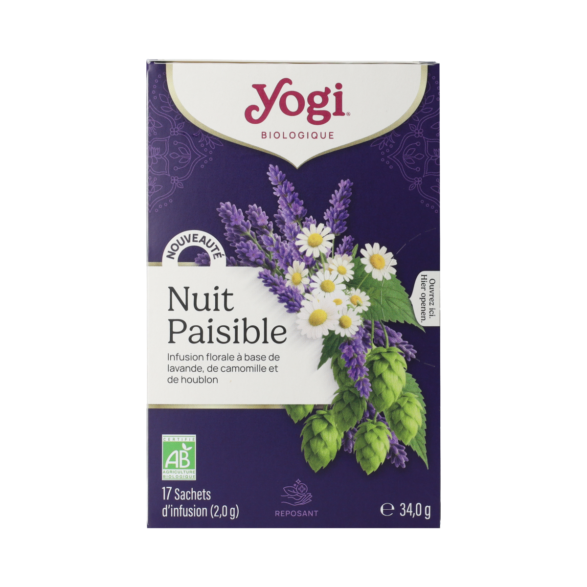 Yogi Tea Sweet Dreams herbal tea box with 17 tea bags, featuring calming ingredients for restful sleep.