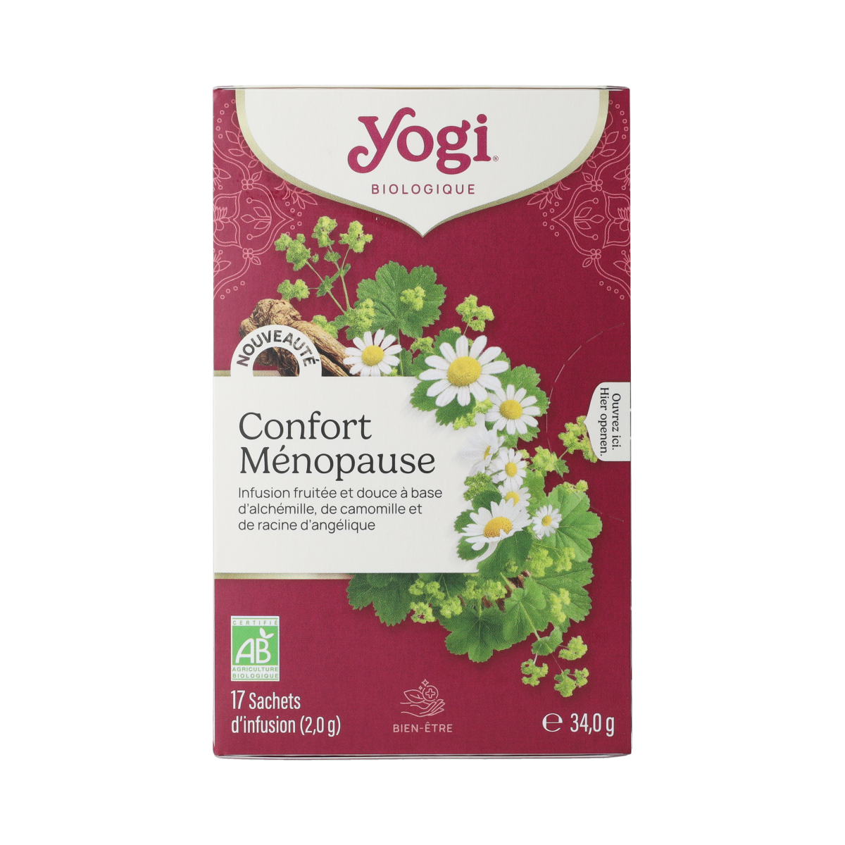 Yogi Tea Meno Harmony Bio tea bags, herbal blend for menopause relief, in a box of 17 tea bags.