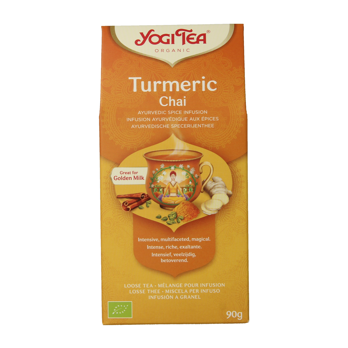 Yogi Tea Turmeric Chai bio in 90g package, showing the tea box with turmeric-flavored chai tea for brewing.