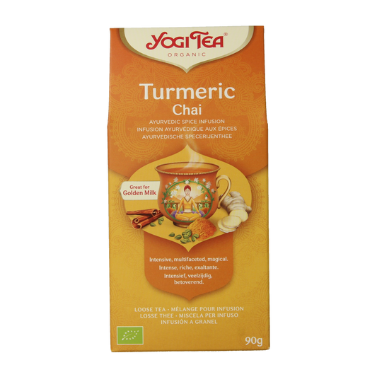 Yogi Tea Turmeric Chai bio in 90g package, showing the tea box with turmeric-flavored chai tea for brewing.