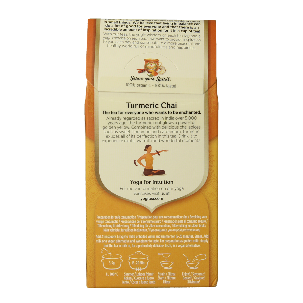 Yogi Tea Turmeric Chai bio 90g box with tea bags, organic turmeric-flavored herbal tea in a colorful packaging.