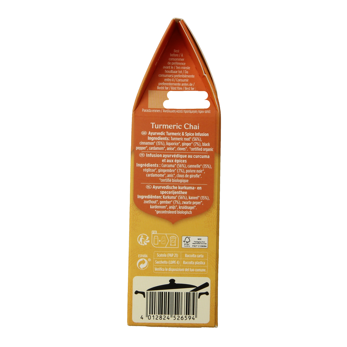 Yogi Tea Turmeric Chai bio in 90g package, showing the tea box with turmeric-themed design and product branding.