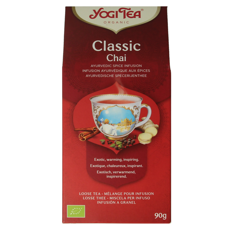 Organic Yogi Tea Classic Chai in 90g package, featuring a warm blend of spices and black tea for a comforting beverage.