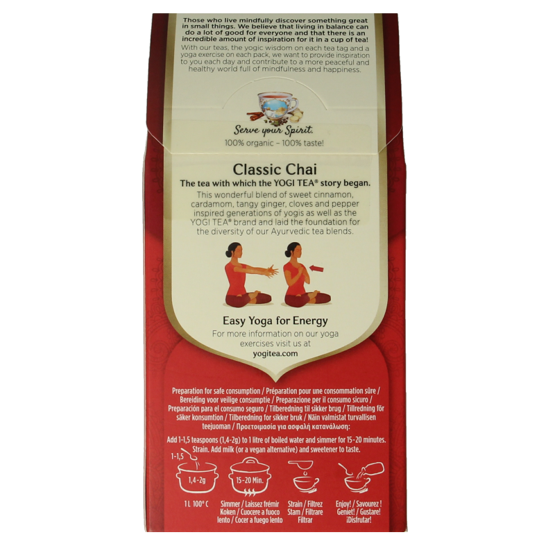Yogi Tea Classic chai tea loose leaf 90g in a clear jar, showcasing aromatic spices and tea leaves.