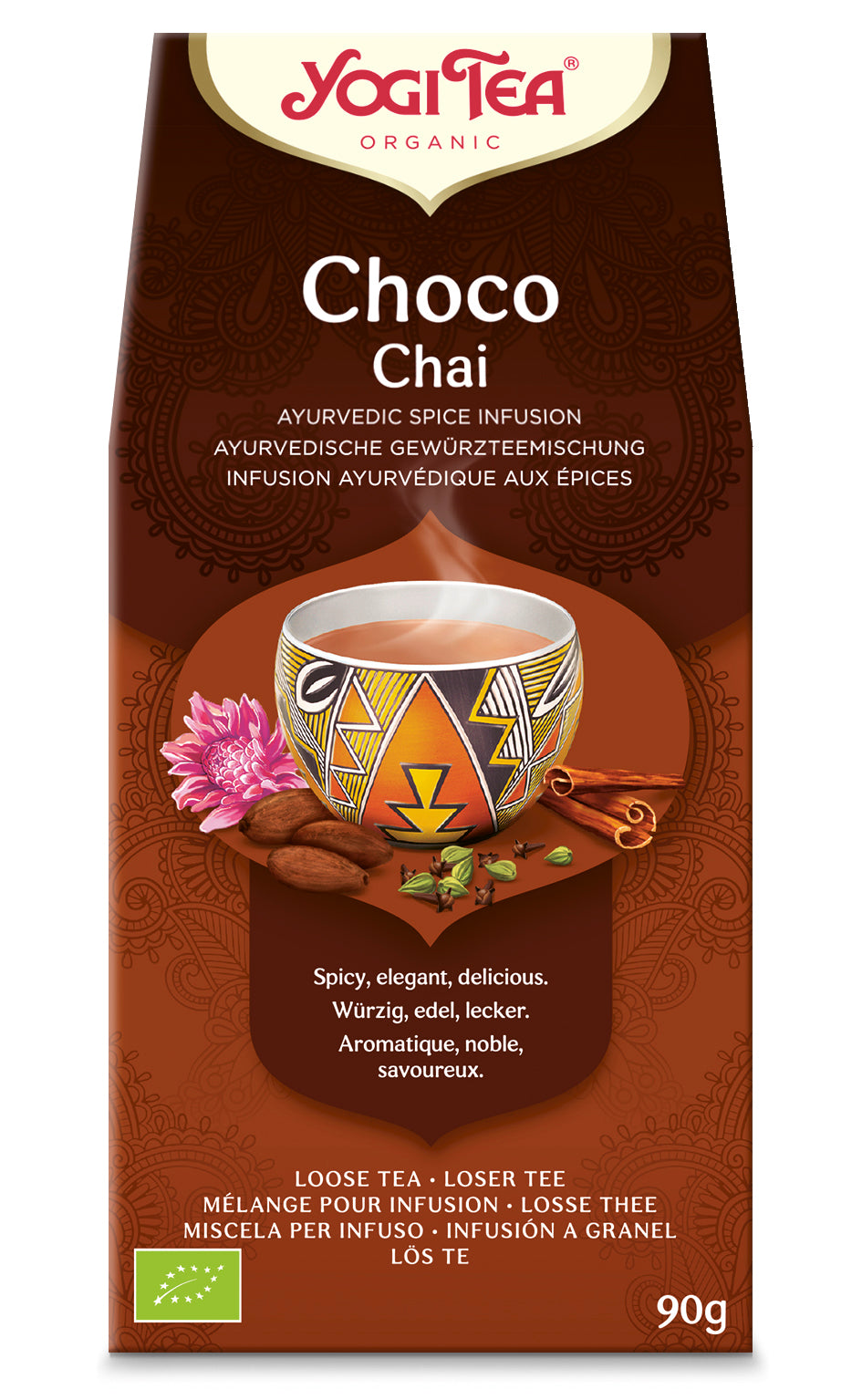 Yogi Tea Choco Chai organic tea in a 90g package, featuring a blend of chocolate and chai spices in a cozy cup.