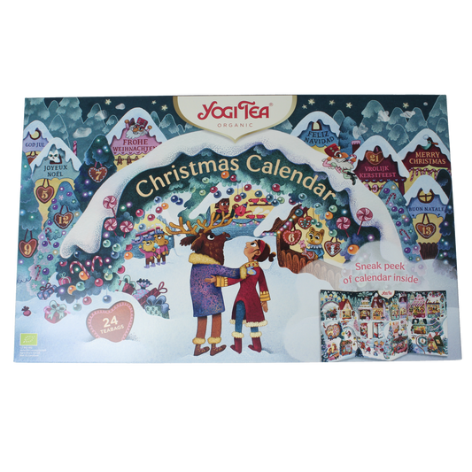 Yogi Tea Christmas calendar 2025 with organic tea and coffee, featuring festive packaging and small compartments for each day.