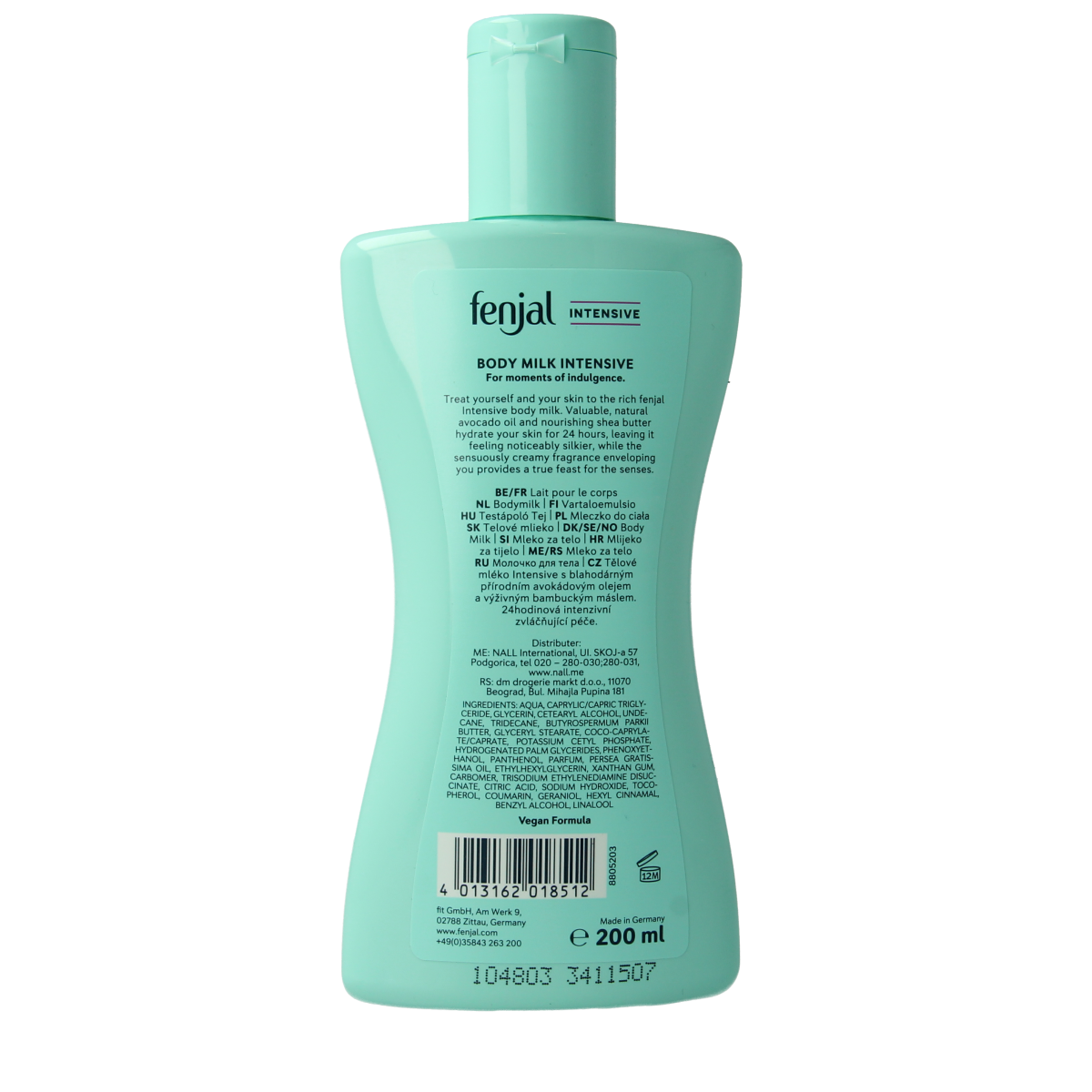 Fenjal Body Milk Intensive 200ml, moisturizing body lotion with smooth texture, in a white bottle with a pump dispenser.