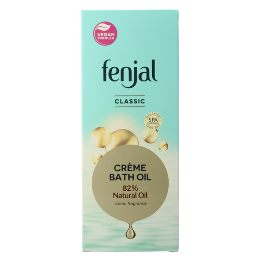 Fenjal Classic 200ml bath and shower oil bottle with elegant packaging and label, ideal for nourishing skin.