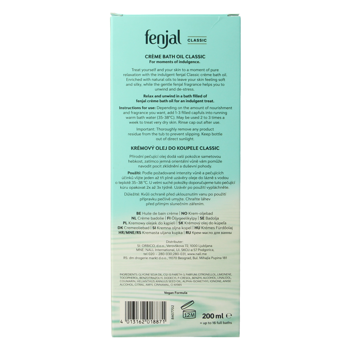 Fenjal Badolie Classic 200ml bottle, a luxurious bath and shower oil with elegant packaging and a smooth, moisturizing texture.