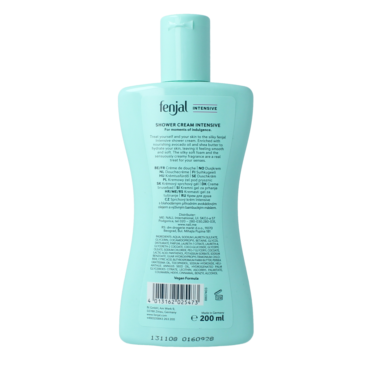 Fenjal Intensive Shower Creme 200ml, creamy body wash in a white bottle with blue accents and product label.