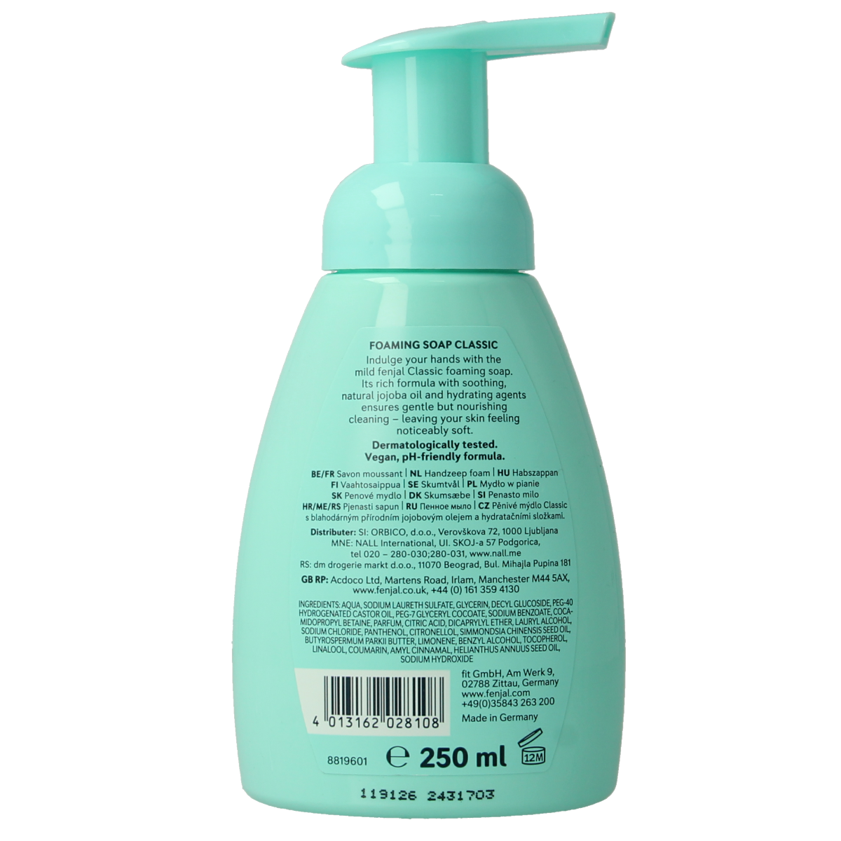 Fenjal Foam Soap Classic in 250ml bottle, soft foam cleanser with a gentle, luxurious lather for daily hand washing.