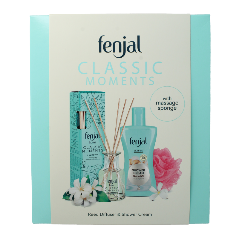 Fenjal Classic Moments gift set with bath and shower products, featuring elegant bottles and packaging for a luxurious experience.