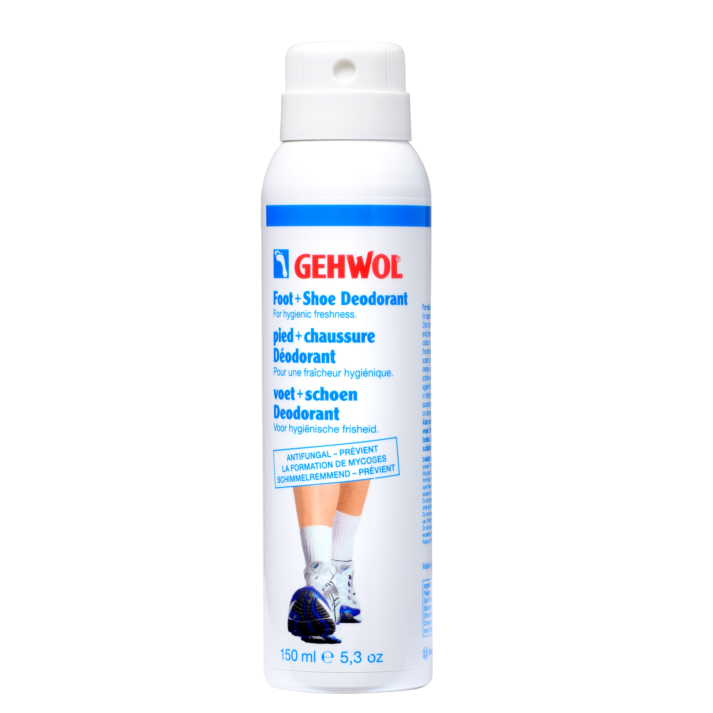 Gehwol Voet en schoen deodorant 150ml, foot and shoe deodorizer spray, with fresh scent in a white and blue bottle.