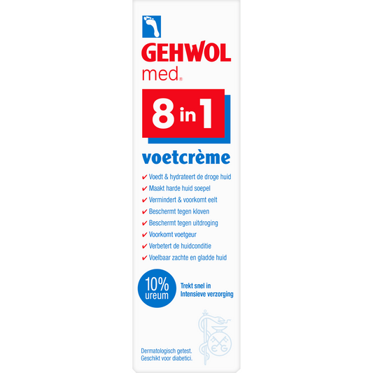 Gehwol 8-in-1 voetverzorging crème in 75ml tube, showing the product with a clean, professional packaging design.