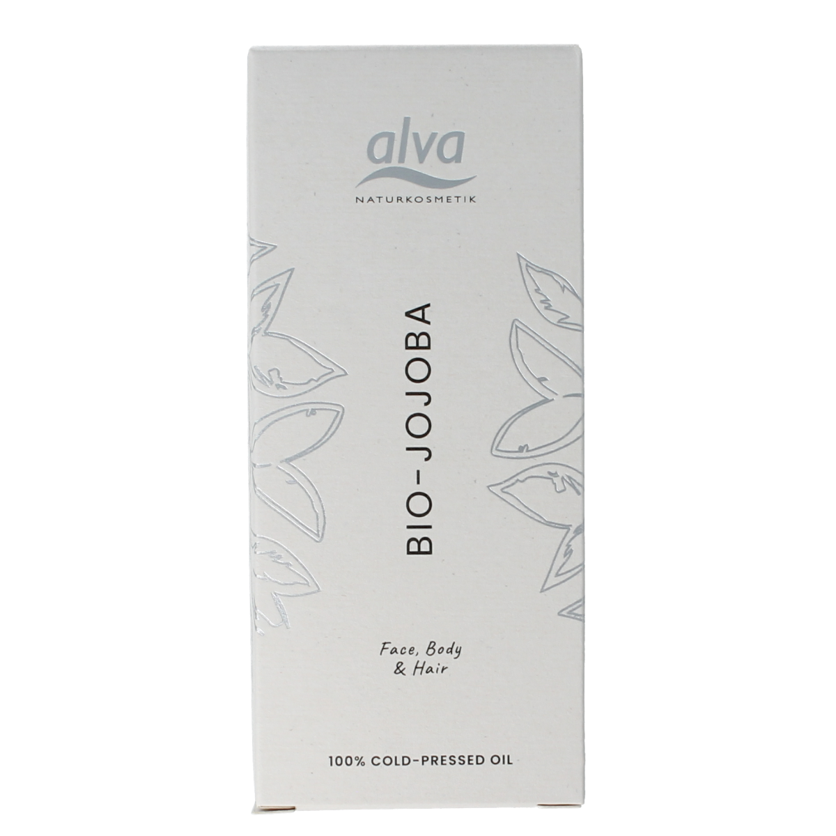 Alva Jojoba olie 125ml bottle for body care, featuring a clear container with a golden-colored jojoba oil inside.