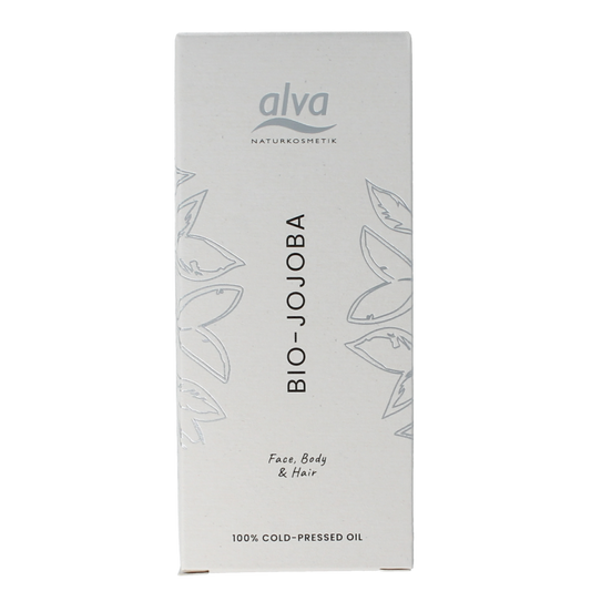 Alva Jojoba olie 125ml bottle for body care, featuring a clear container with a golden-colored jojoba oil inside.
