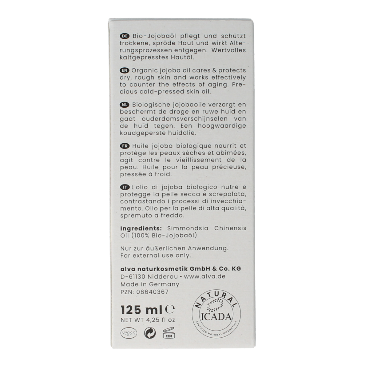 Alva Jojoba olie in 125ml bottle, natural body care product with a clear label and pump dispenser, for skin hydration.