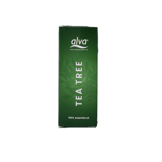 Alva Tea Tree Oil 10ml bottle for body care, natural essential oil with antimicrobial properties, in a clear container.