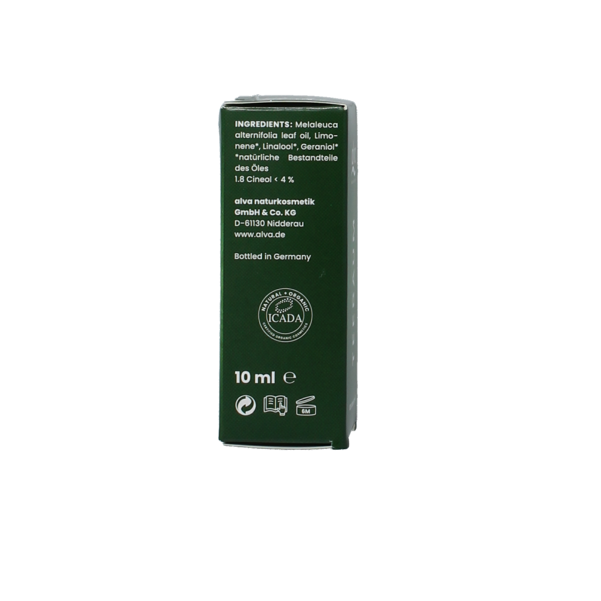 Alva Tea Tree Oil 10ml bottle for body care, featuring a clear glass container with a white label and black cap.