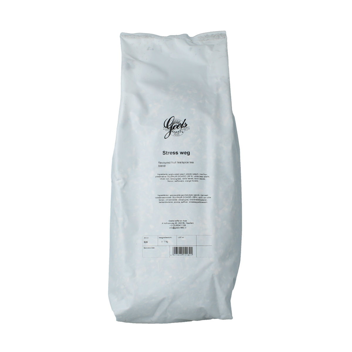 Bag of Geels Stress weg coffee and tea blend, 1 kg, featuring fresh coffee beans and herbal tea ingredients.