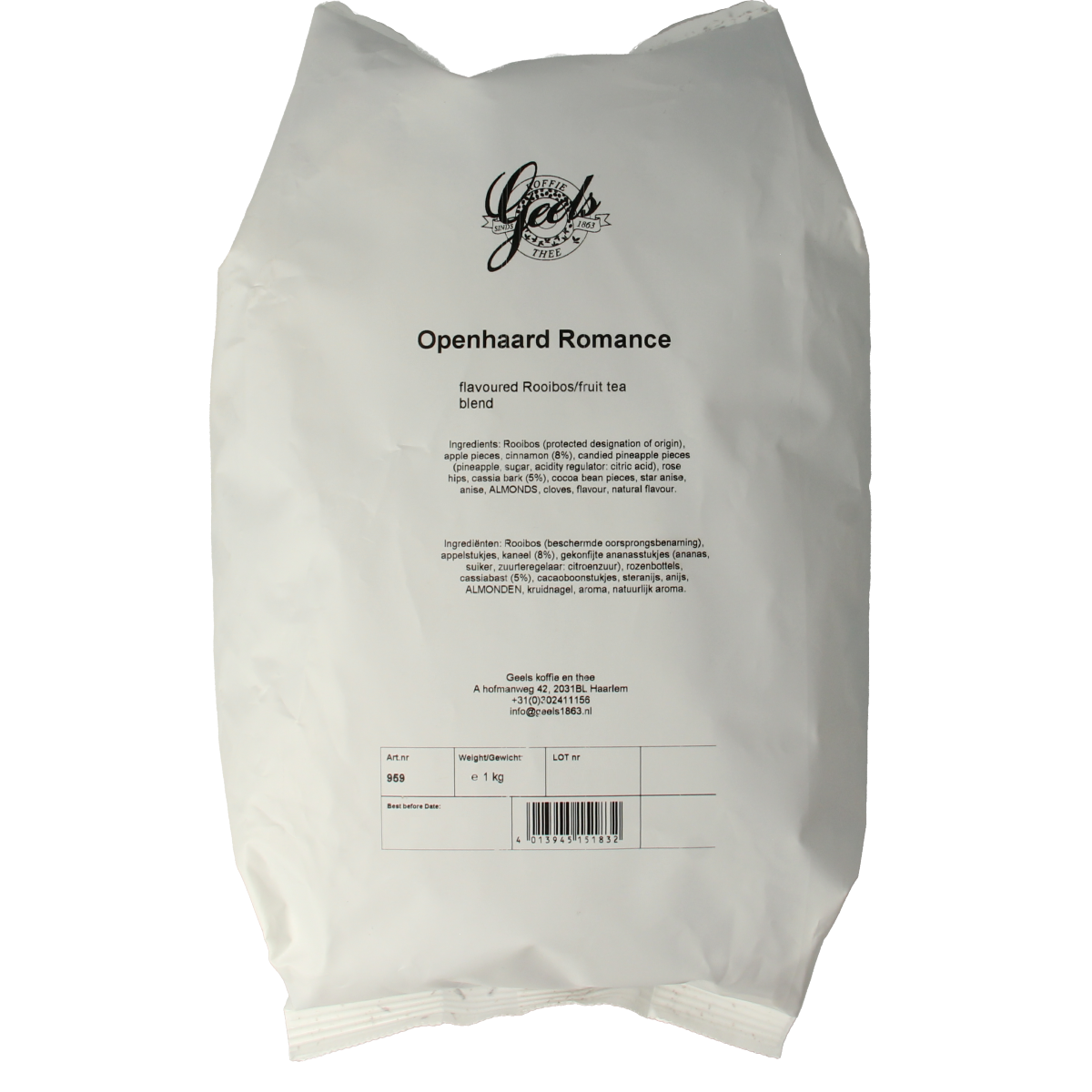 Geels Romance coffee and tea blend package, 1 kilogram, featuring elegant branding and product details on the label.