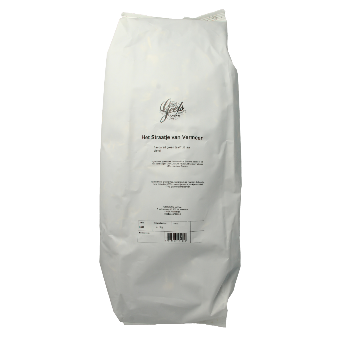 Image of Geels Het straatje van Vermeer coffee and tea blend in a 1kg package, featuring a detailed label with brand and product information.