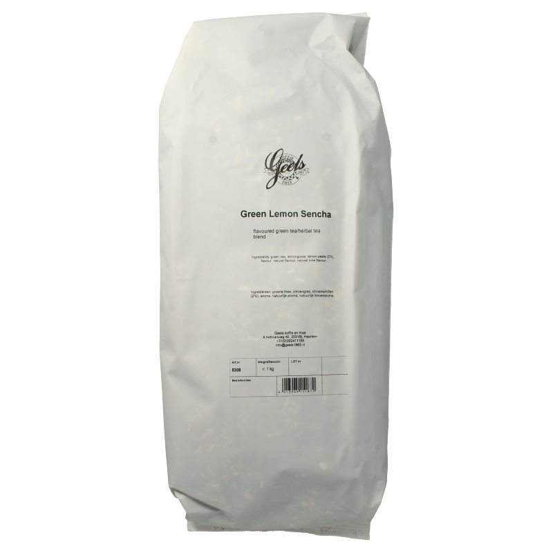 Green lemon sencha tea from Geels, 1 kilogram, featuring fresh lemon flavor and vibrant green tea leaves.