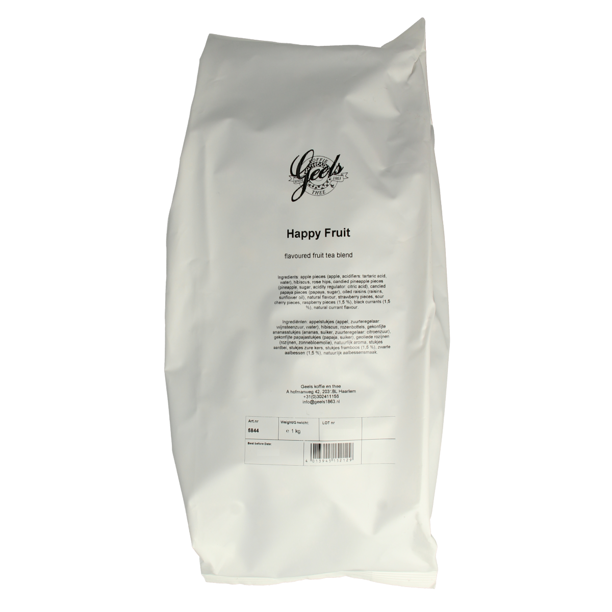Geels Happy fruit coffee and tea blend in a 1kg package, featuring colorful fruit images on the label.