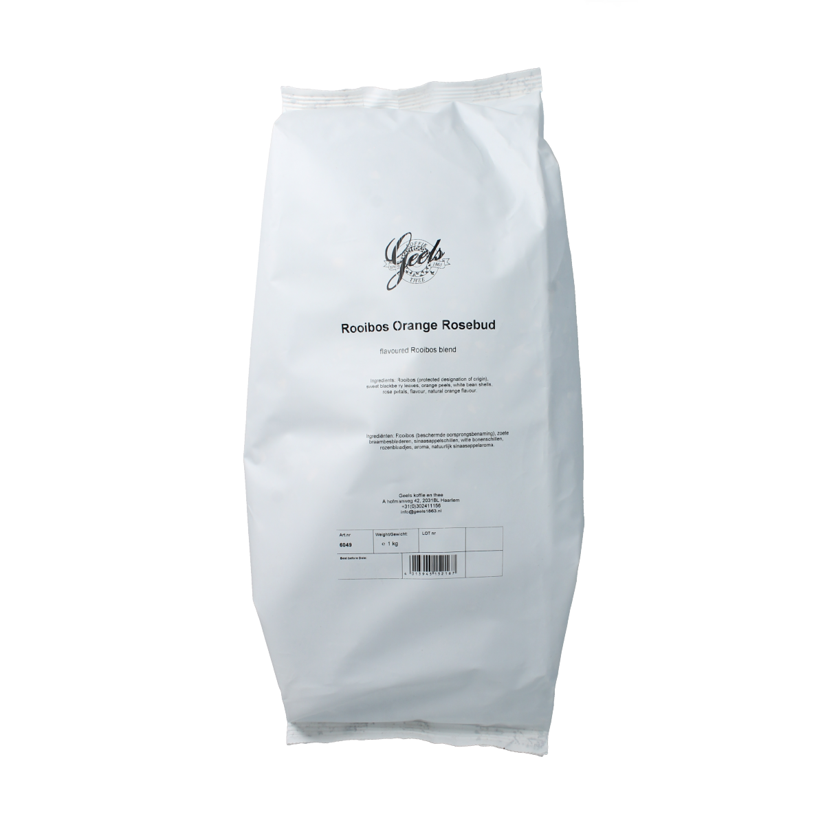 Geels Rooibos orange rosebud tea in a 1 kg bag, featuring dried rooibos leaves, orange slices, and rosebuds for a fragrant brew.