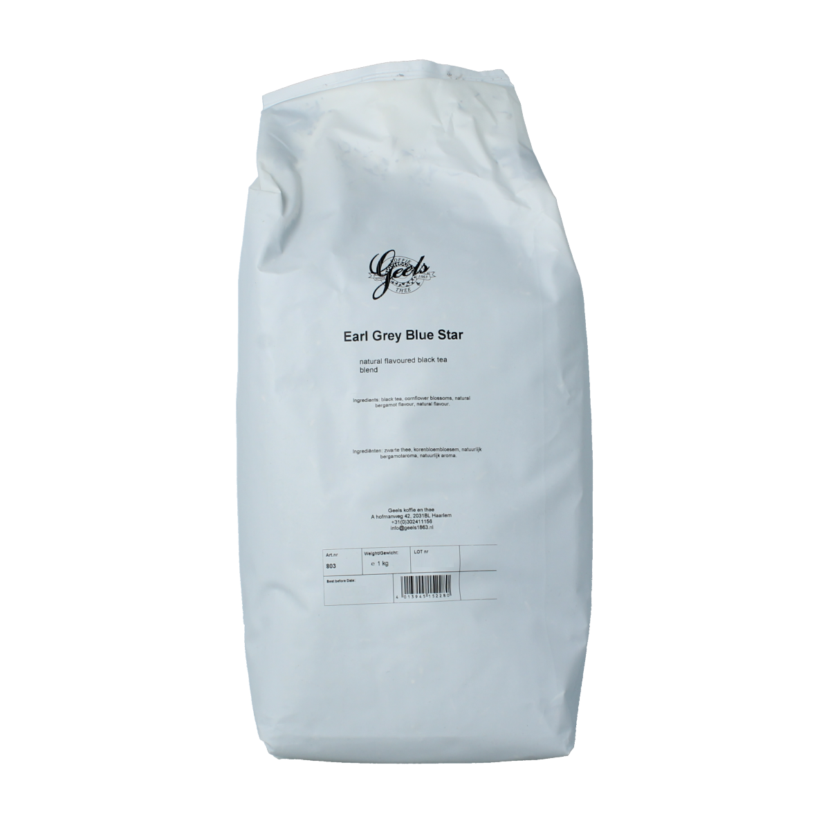 Geels Earl Grey blue star tea in a 1kg package, featuring blue star-shaped tea leaves and a classic Earl Grey flavor.