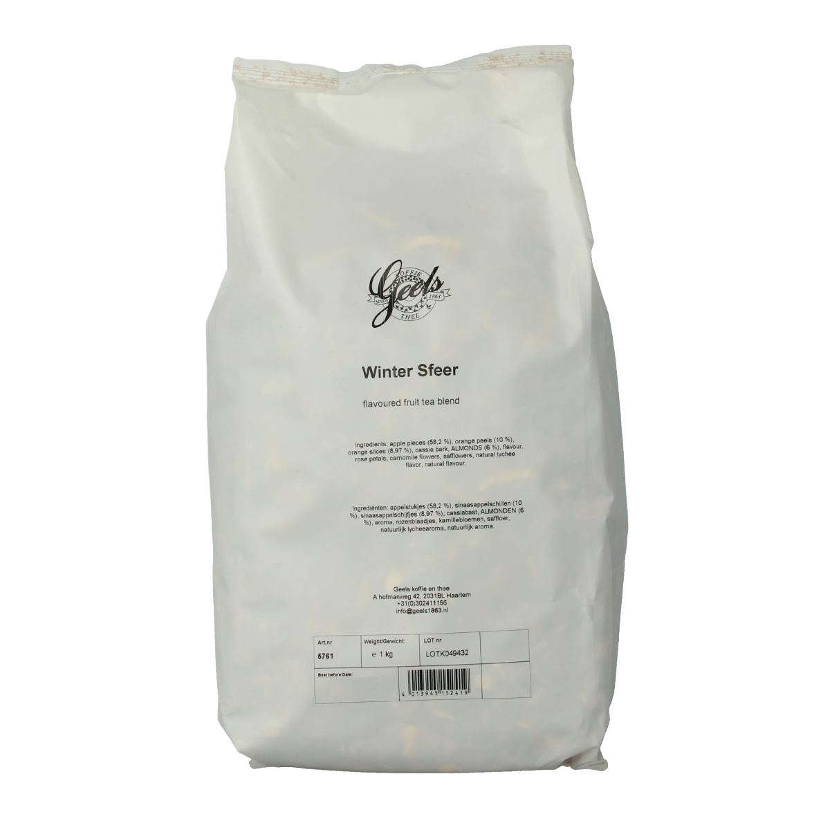 Geels Wintersfeer coffee and tea blend in a 1kg bag, featuring warm, seasonal packaging with festive winter-themed design.