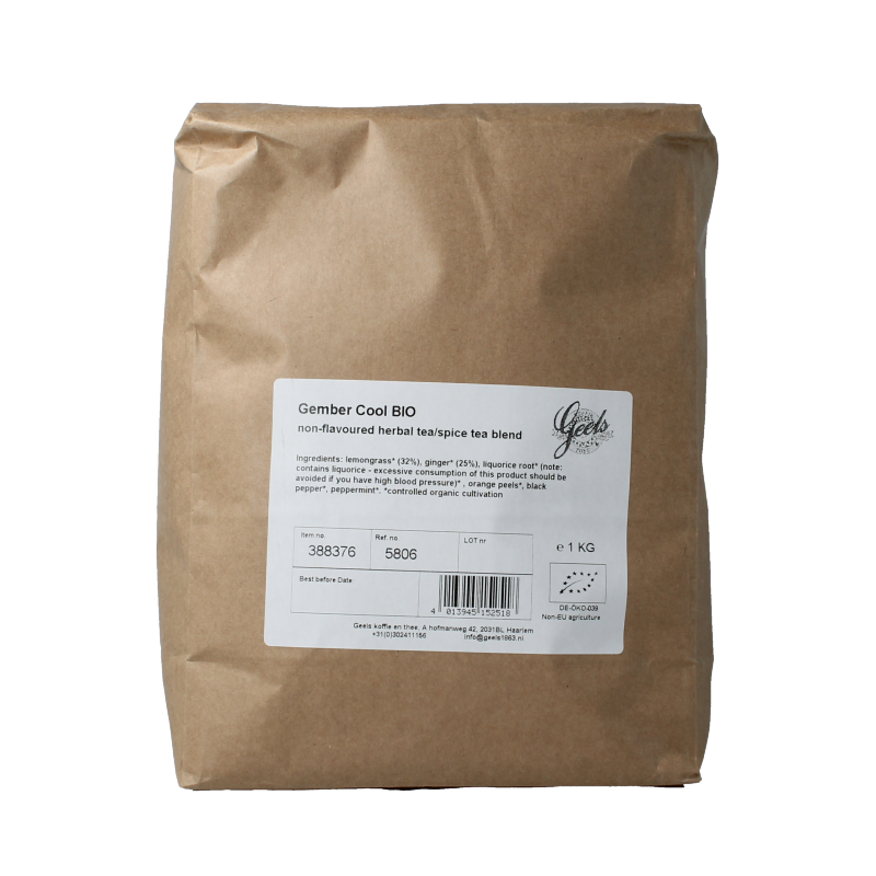Organic ginger from Geels in a 1kg package, ideal for tea and coffee flavoring, shown in a clear image.