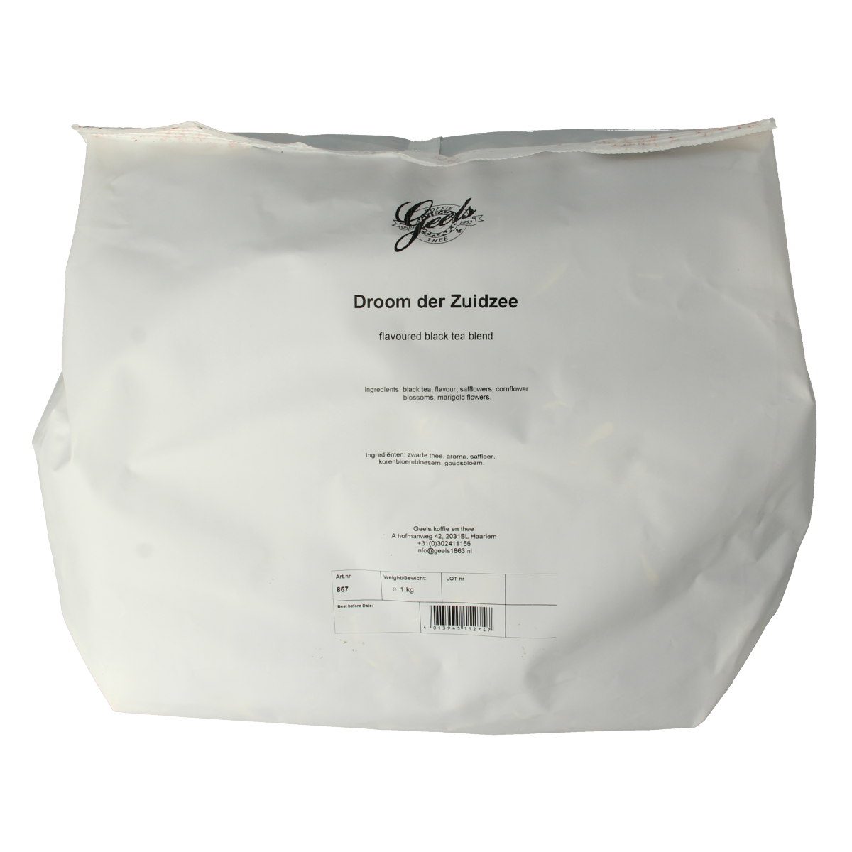Geels Droom der Zuidzee coffee and tea blend in a 1kg package, showcasing the product label and packaging details.