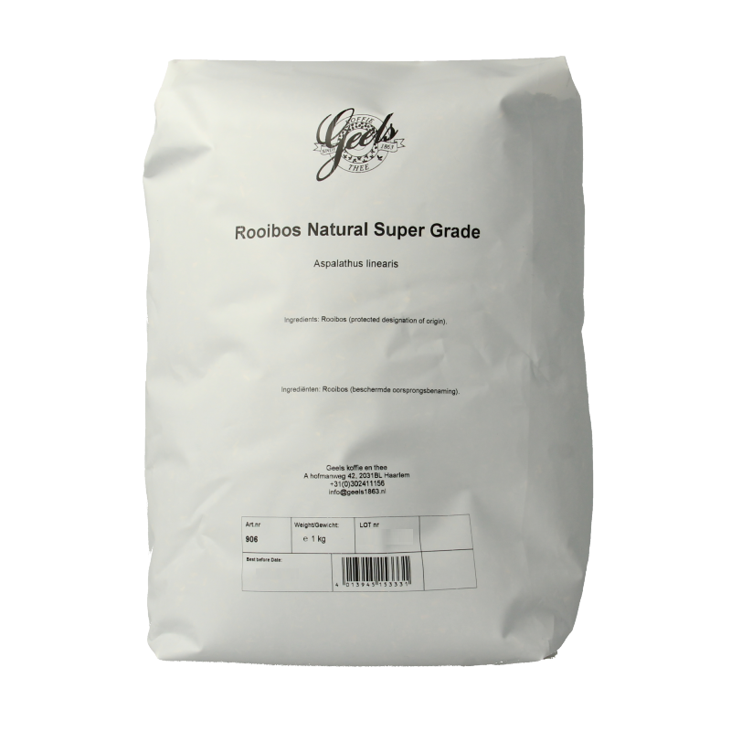 Bag of Geels Rooibos natural super grade tea in 1 kilogram packaging, showcasing the tea leaves in a clear bag.