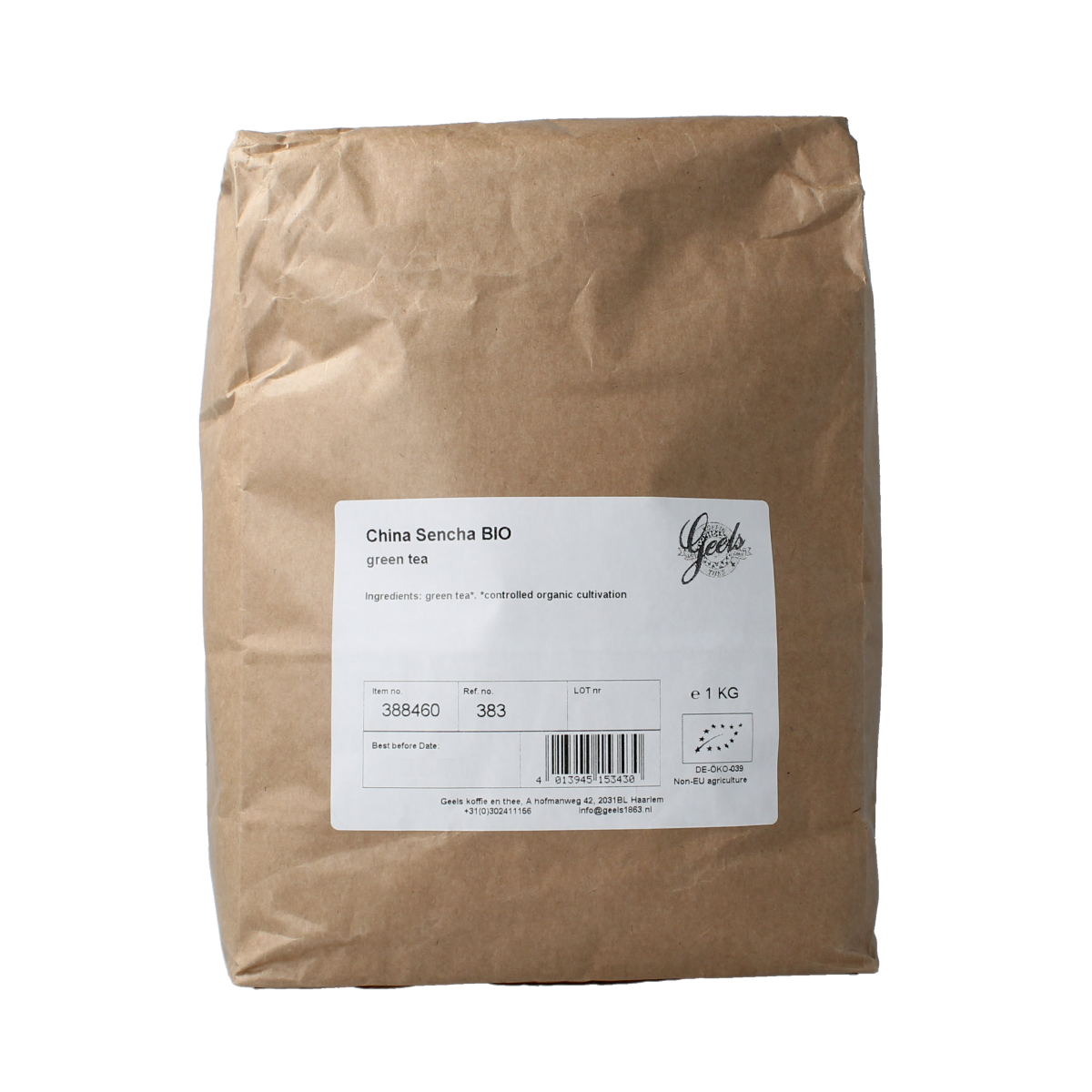 Organic Geels China Sencha tea in a 1kg package, featuring green tea leaves in a traditional style.